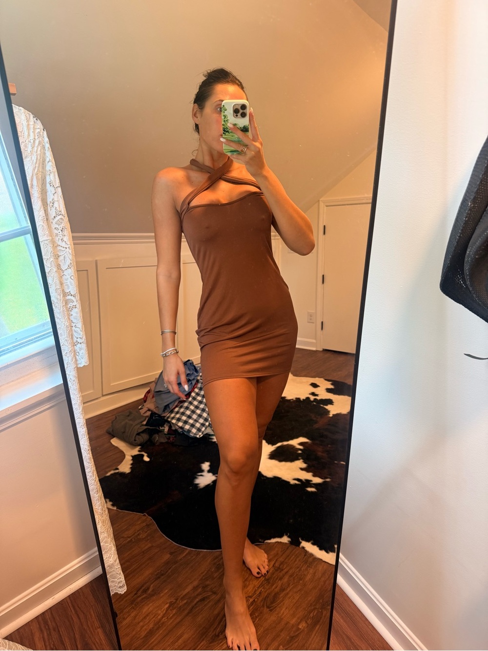 PrettyLittleThing Brown Cross-Neck Mini Bodycon Dress